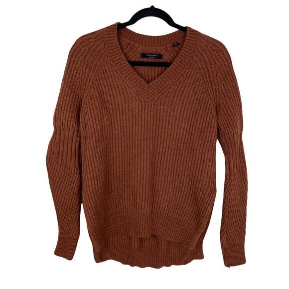 AllSaints Riva Jumper Wool Alpaca Pullover Sweater in Rust Chunky Knit V-Neck M - Picture 2 of 10